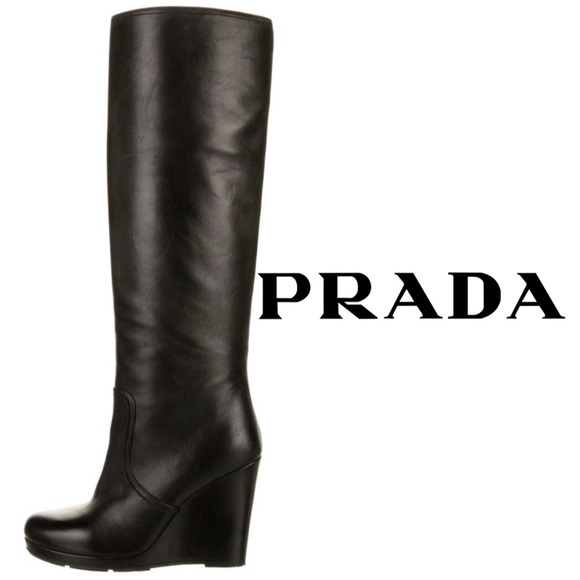 Prada Shoes - Prada Size 9.5 39.5 Women's Wedge Leather Boots Black Sexy Knee High